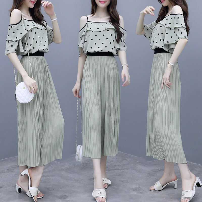 

summer outfit women two-piece clothing set new wave point belt coat pleated leisure top blouse dot print & loose trousers