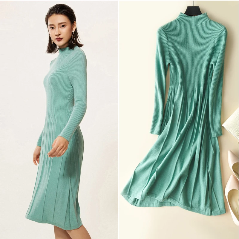 Длинное кашемировое платье с высоким воротником женские зимние кашемировые