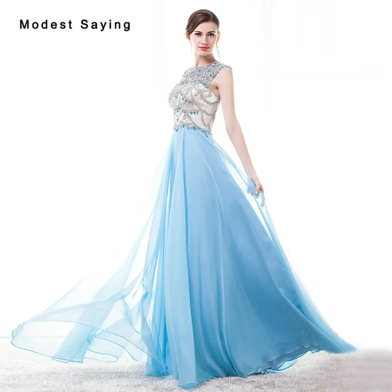 

Luxury Sexy See Through Blue A-Line O Neck Beaded Evening Dress 2017 with Rhinestone Women Night Party Prom Gowns robe de soiree