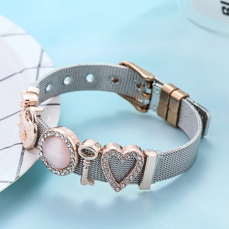TOGORY Couple Jewelry Crystal Charms Mesh Keeper Bracelets Key &amp Lock Beads Fine for Women Bride Wedding | Украшения и