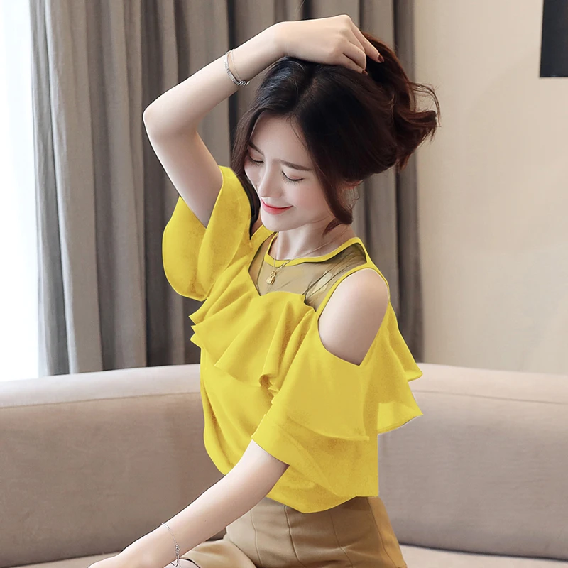 womens tops and blouses Summer women 2021 white blouse short sleeve chiffon shirt off shoulder top 4206 50 | Женская одежда