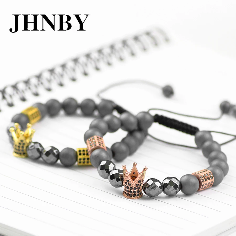 JHNBY Crown 8mm Matte Hematite Bead Pave CZ Men Charms Bracelet Braided Rope Trendy Women Copper Bangle Jewelry Pulseras Hombre | Украшения