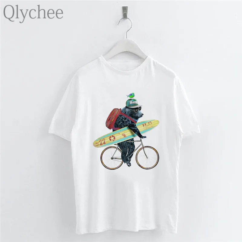 Qlychee Harajuku женские футболки с принтом собаки велосипеда вырезом лодочкой и