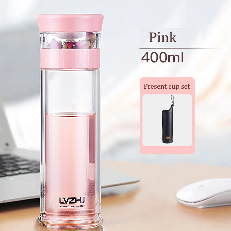Pink plus sleeve bag Китайский чайный стакан бутылка 400 мл двойная стена защита Высокая соломинка для напитков из боросиликатного стекла офисная бутылка для воды с чайным фильтром с мешком - Цвет: Pink plus sleeve bag