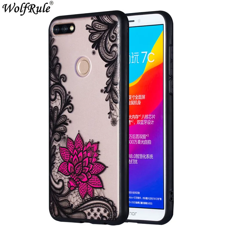 WolfRule Huawei Honor 7C Pro Case Cover Black Lace Red Flower Soft TPU For Y7 Prime 2018 Hard PC Fundas |