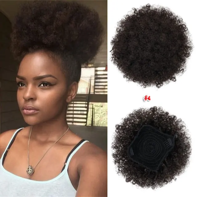Synthetic Hair Chignon Buns Short afro puff ponytail Chignon Hairpiece Kinky Curly Wrap fake ponytail With drawstring And Clip - Цвет: #4