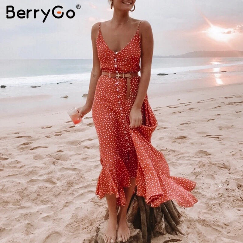 BerryGo сексуальное платье с v-образным вырезом и принтом в горошек boho Летнее женское