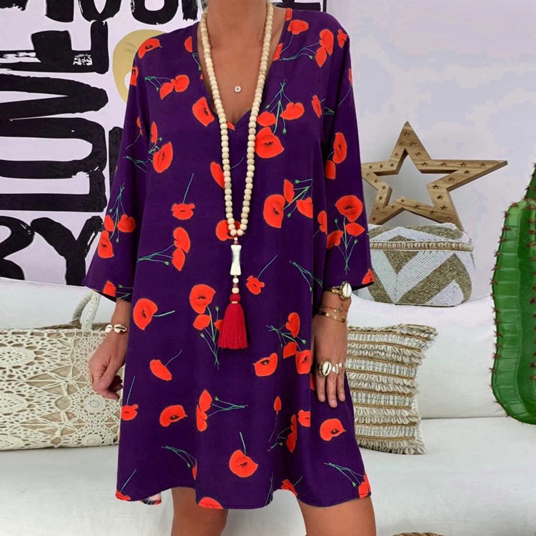 Женское платье с цветочным рисунком винтажное v-образным вырезом 3/4 рукав 2019