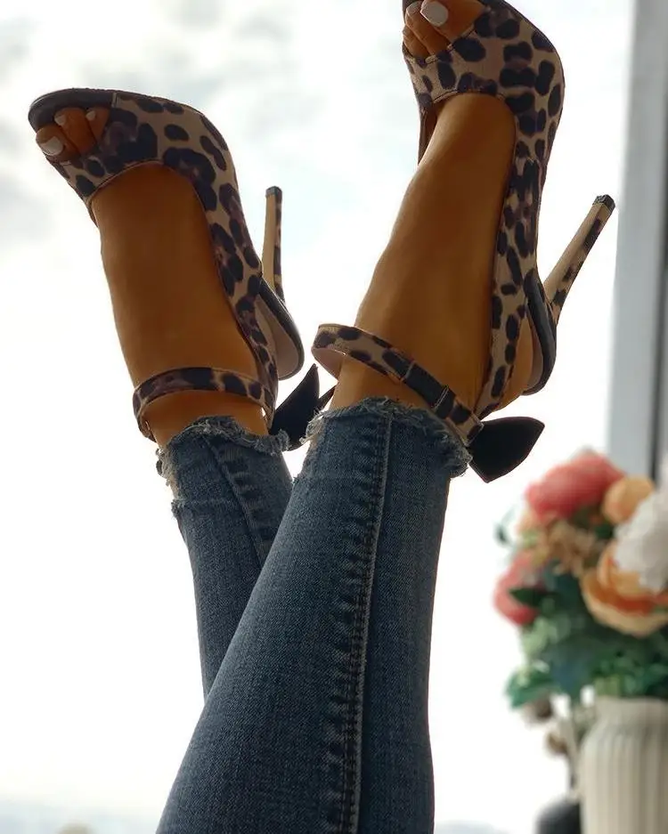 Woman Sexy Leopard Print Super Thin High Heeled Sandals Buckle Ankle Strap Peep Toe Female Sandal Pumps