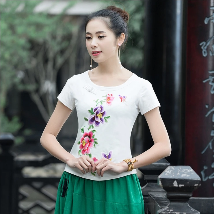 2018 National Wind Summer Embroidered Short Sleeve T-Shirt | Женская одежда