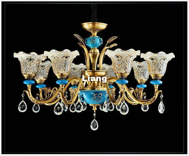 Free Shipping Copper Crystal Chandelier Bronze Blue Ceramic Lamp LED Lustre Suspensions Home Decoration 100% Guaranteed | Лампы и