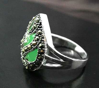Горячая продажа&gt @ 0x редкий зеленый камень и Марказит Серебряное кольцо Размер