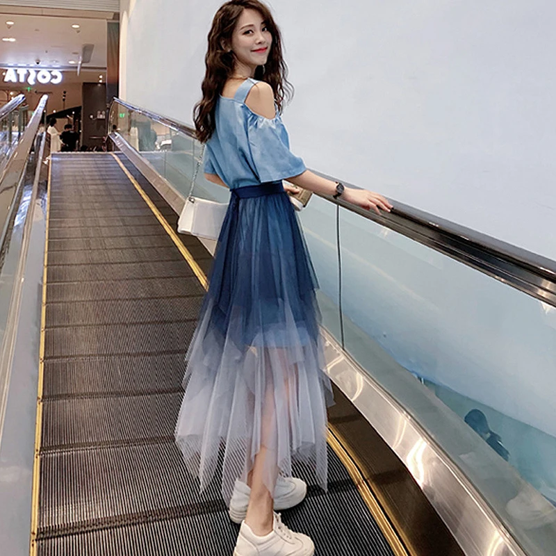2 Piece Set Women Off Shoulder T Shirt Dress + Irregular Long Mesh Skirt 2019 Summer Two Skirts Plus Size Outfits | Женская одежда