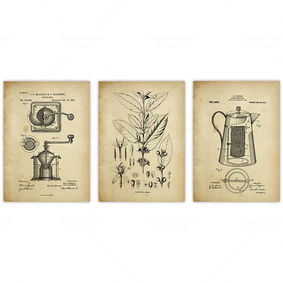set of 3 (discount) Кофе, wall-Art плакат Кофе завод Кофеварка шлифовальная машина Кофе мельница для завтрака, ручной стержень, для кафе, для декора Кухня холст печати лакированная изображение - Цвет: set of 3 (discount)