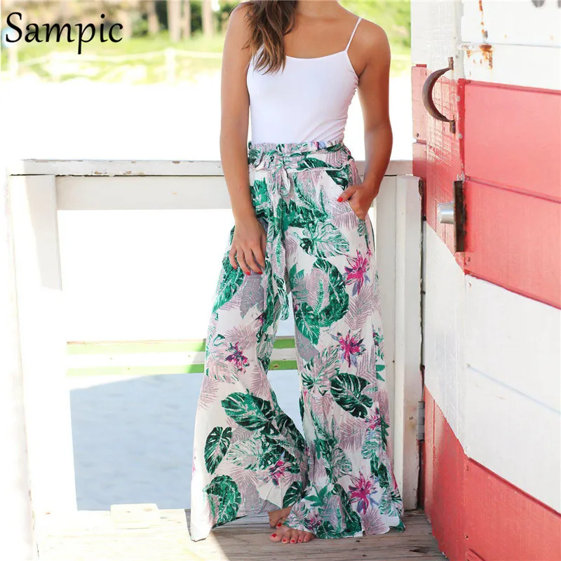 Sampic широкие брюки с высокой талией женские свободные пляжные Boho женские брюки повседневные брюки с цветочным принтом розовые пояса летние длинные брюки