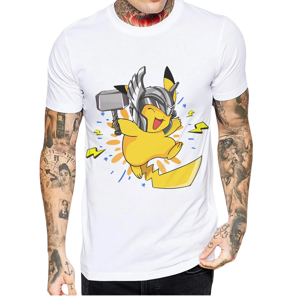 

New Arrival Brand White Men T-Shirt Short Sleeve T Shirt Pikachu Printed Casual Cotton Tops Cool Tee Shirts Blusa Masculina