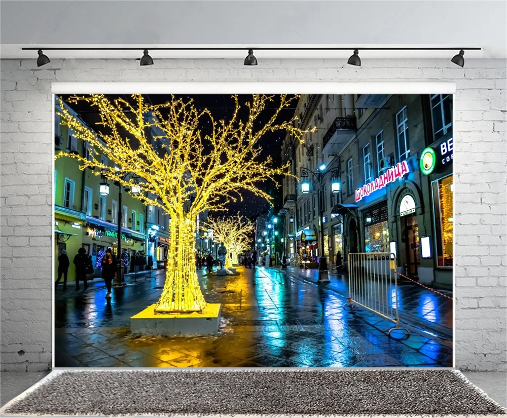 Laeacco Town Gold Tree Street вечерние Square Night Scenic Photography фоны для фотографий Backdrops |