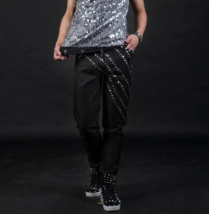 Stage personality men black pants rivet pant men feet trousers singer dance rock fashion pantalon homme street star style