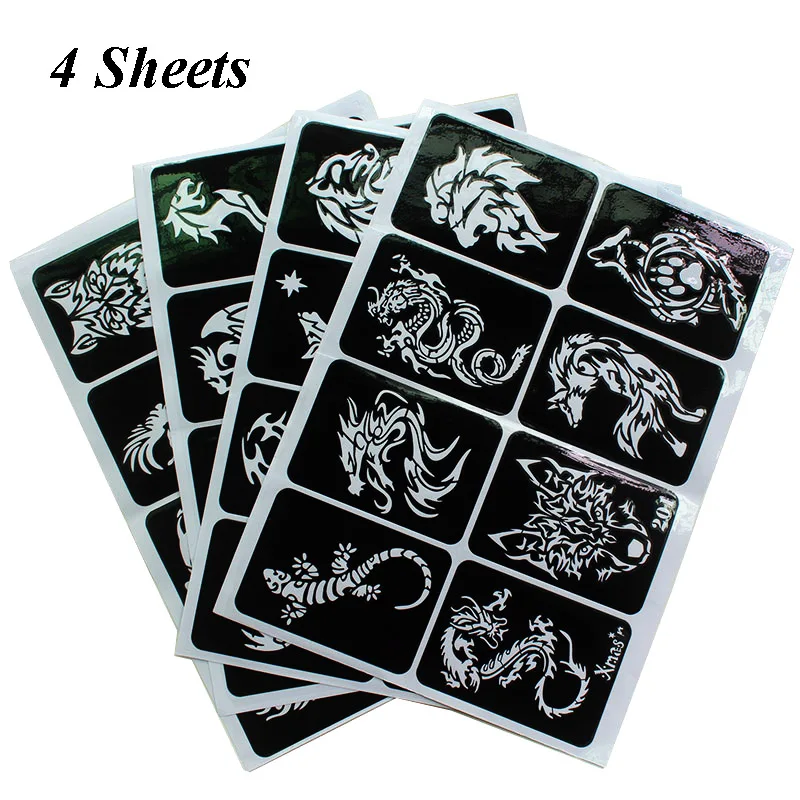 32pcs/lot Airbrush Tattoo Stencil For Man Boy Body Painting Dragon Skull Wolf Eagle Self-Adhesiver Tattoo Sticker Templates images - 6