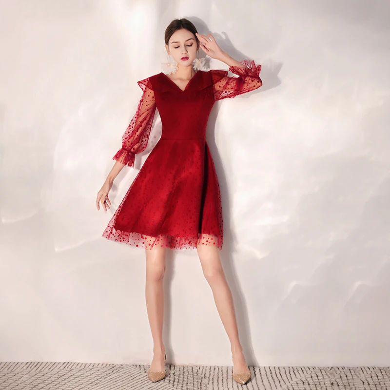 SSYfashion V-Neck 3/4 Sleeves Zipper Back Above Knee Mini Red Cocktail Dress Custom Party Prom Short Vestido De Coctel | Свадьбы и