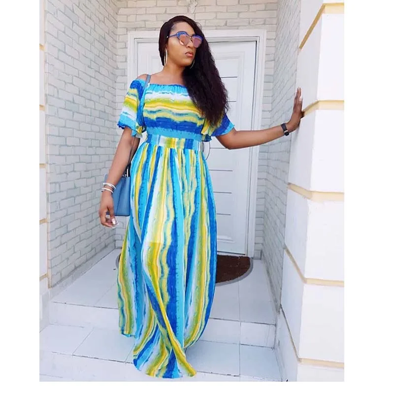 2018 модное платье с цифровой печатью синее желтое волнистое воротником