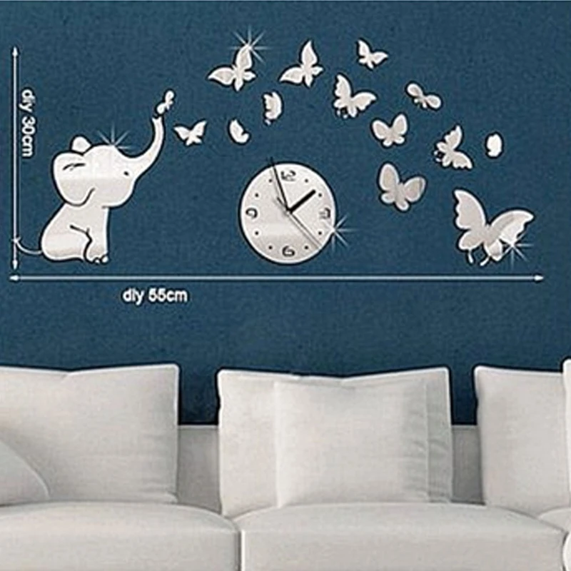 Новый Слон играет Бабочек Стикер DIY Серебряное Зеркало Часы Стены Дома Номер