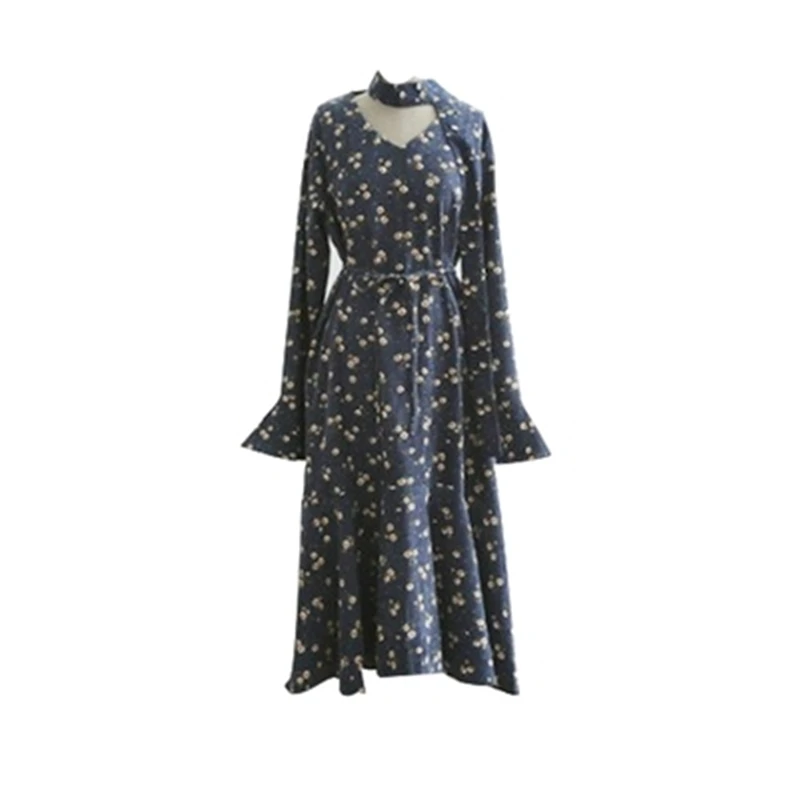 

2018 New Spring Autumn Bow Tie Pleated Dress Women Vintage Long Sleeve Floral Corduroy Dresses Female Vestido de festa robe Z269