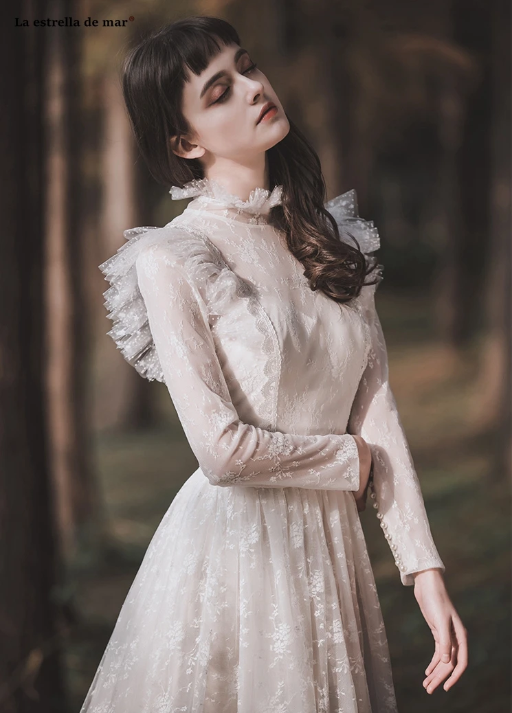 Abiti da sposa2019 Новое кружевное платье с высоким воротом и длинными рукавами трапециевидной формы цвета слоновой кости свадебное платье в стиле бохо со шлейфом brautkleid Ретро накидка de mariee