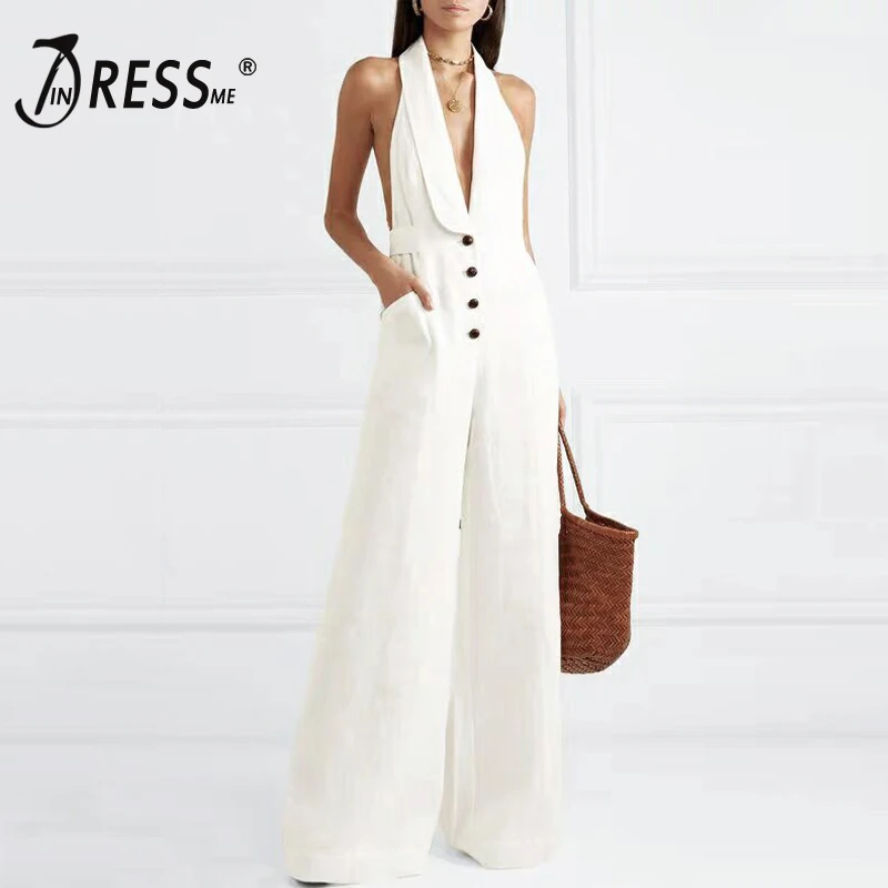INDRESSME 2019 New Vestidos Women Sexy Deep V Halter Single Breasted Sleeveless Backless Party Summer Full Legs Jumpsuit | Женская