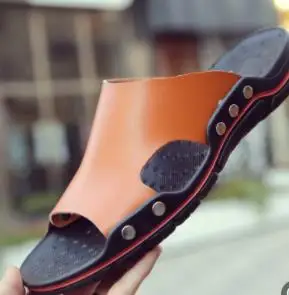 Orange Взрыва тапочки Для Мужчин's модные сандалии и шлепанцы для лета, Нескользящие кожанные отверстие Для мужчин обувь Мужская пляжная обувь большой Размеры 48 - Цвет: Orange