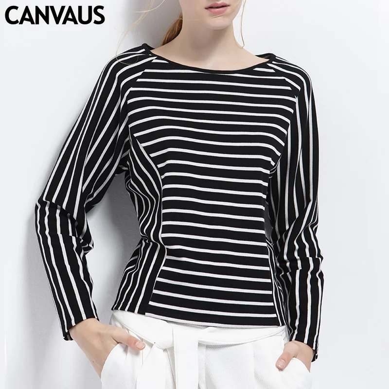 CANVAUS new coming striped pullovers women tops and tees female t shirt with original design o neck YM0164 | Женская одежда