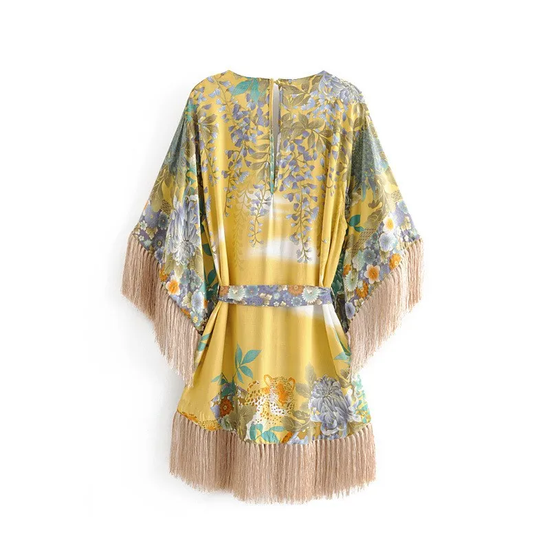 Women V Neck Tassel Maxi Dress Floral Print Loose Kimono Knee Length Lace Up Casual | Женская одежда