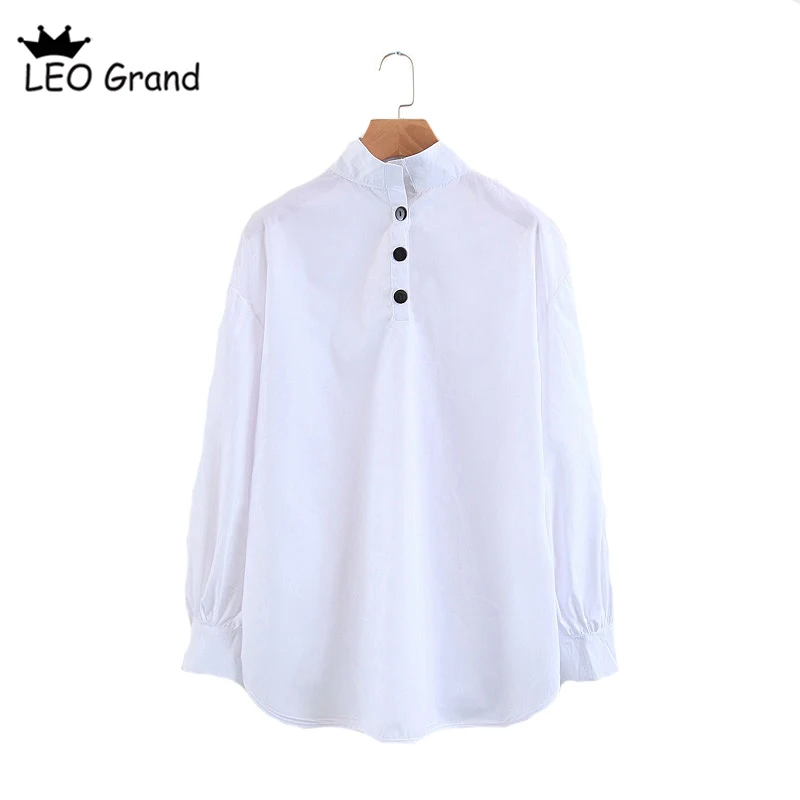 Leo Grand women casual white blouses turtleneck long sleeves shirts buttons design oversized tops blusas 913018 |