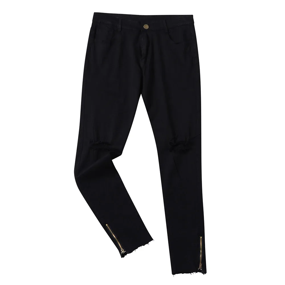 Черный CHAMSGEND для женщин стрейч джинсовые штаны Проблемные рваные Freyed Slim Fit карман джинсы для мотобрюки повседневное Soild узкие джинсы Fe6 - Цвет: Черный