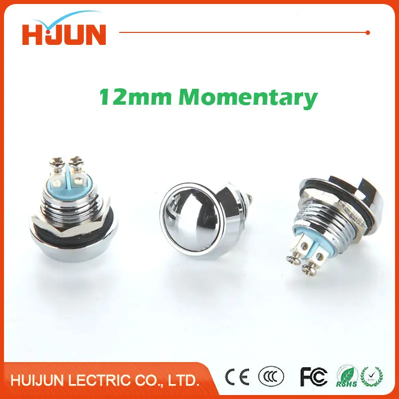

HUIJUN 12mm Self-reset Momentary Metal power Push Button Switch Nickel plated brass waterproof Domed Round