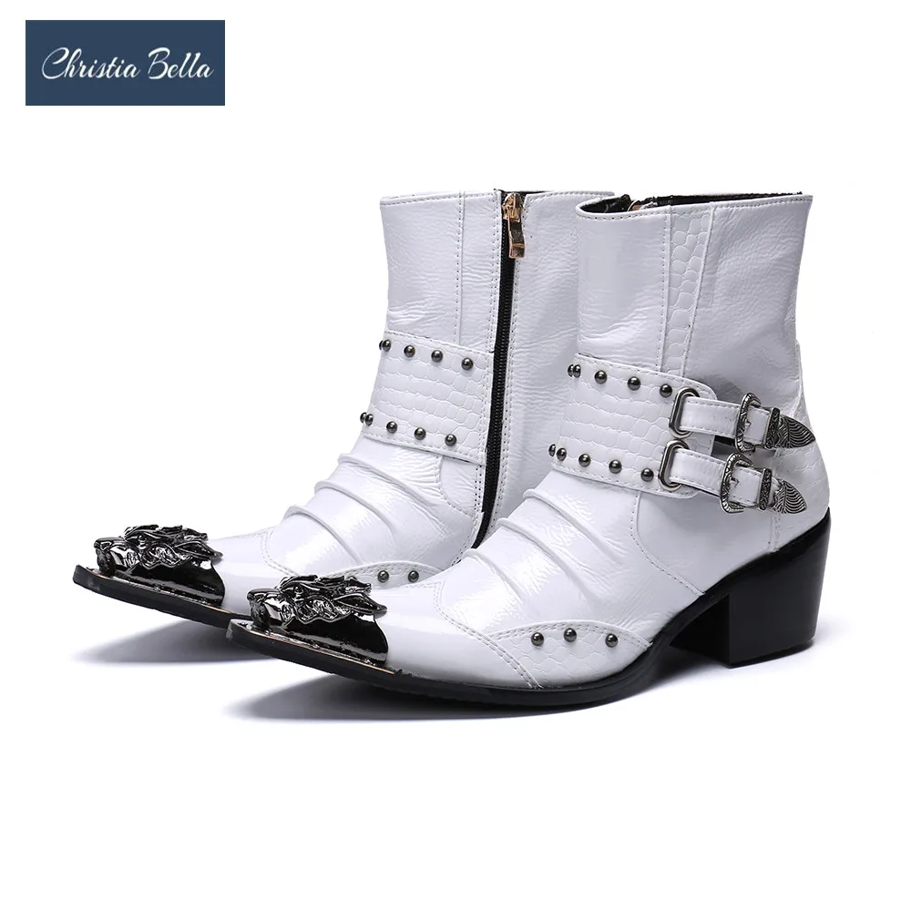 

Christia Bella Autumn Buckle Strap Men Shoes Genuine Leather Boots Fashion Metal Pointed Toe Boots Big Size Zipper Ankle Boots