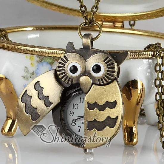 Ночная Сова Бронзовая Античная стильная Длинная цепочка карманные часы подвески