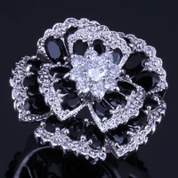 very good huge flower black cubic zirconia white cz silver plated ring v0533