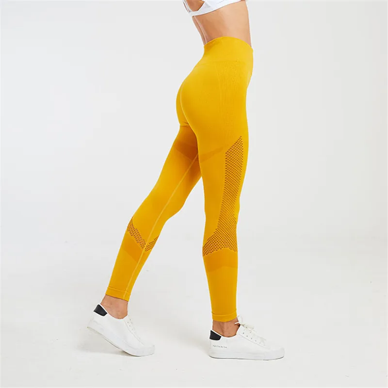

CHRLEISURE High Waist Women's Seamless Trousers Mesh Patchwork Breathable Elastic Force Tight Yoga Pants Female Solid