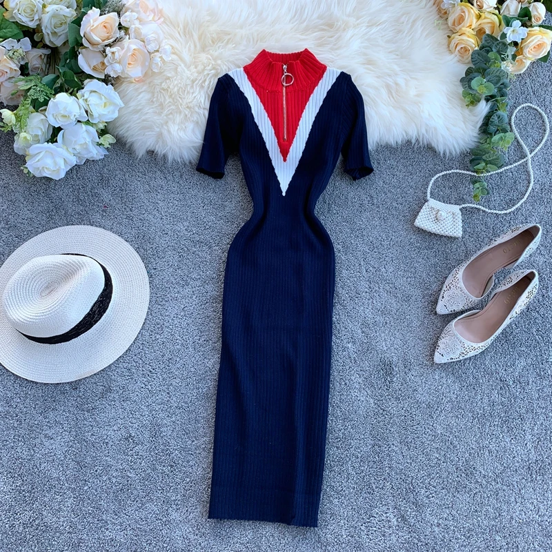 Vintage Slim Zipper Knitted Patchwork Summer Autumn Bodycon Midi Dress Party Women Pencil Knee Length Office Sheath dresses