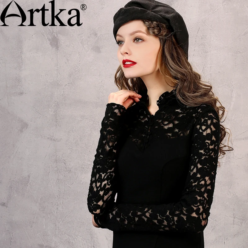 Женская кружевная рубашка с воротником стойкой и длинным рукавом|lace shirt|stand collarartka