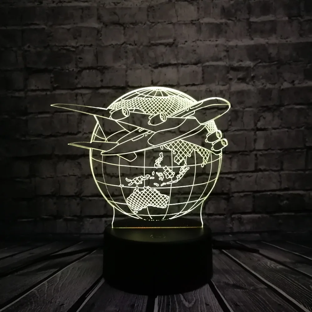 Креативный 3D USB светодиодный светильник Глобус земли план самолета Триумф небо 7 цветов Изменение настроения лампы Пилот подарок комната Декоративные RGB