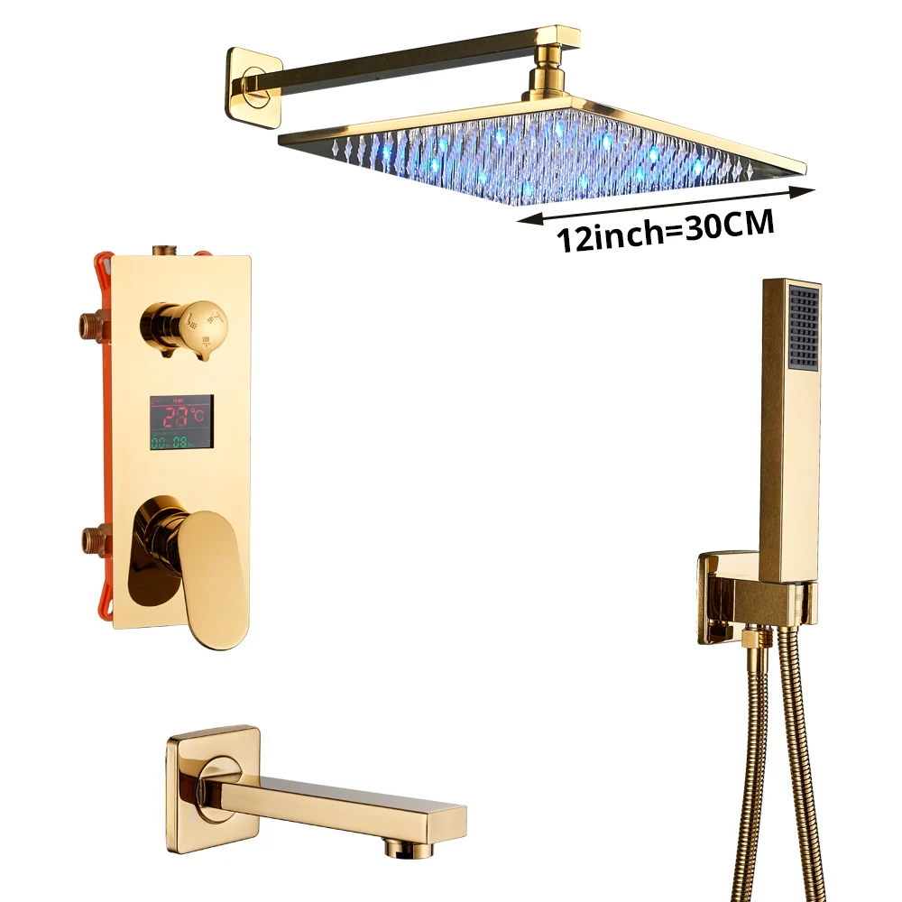 12 inch shower set Смеситель для ванной комнаты, Роскошный Золотой смеситель для ванной комнаты, Настенный светодиодный смеситель для душа, насадка для ванной, носик для душа, наборы для душа - Цвет: 12 inch shower set