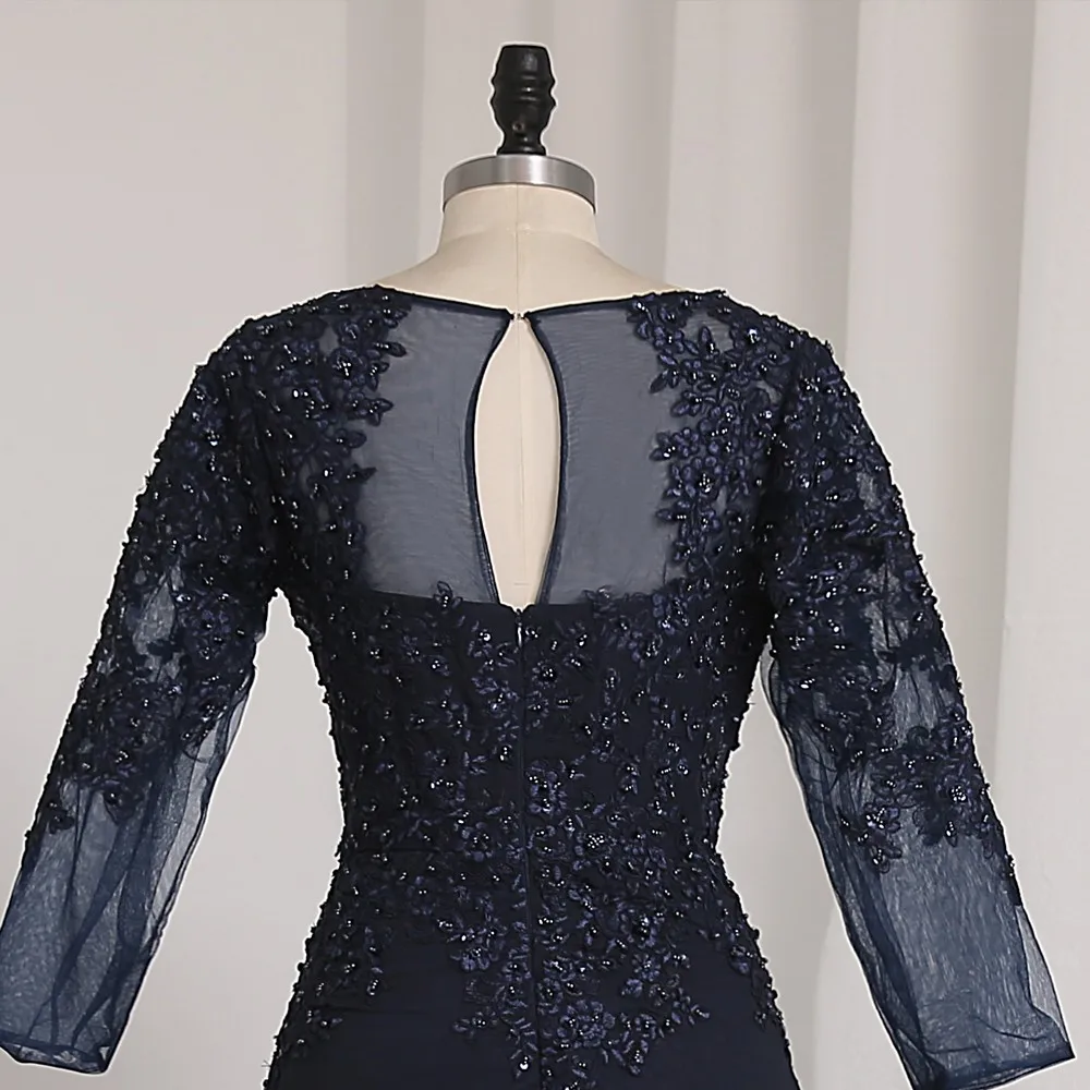

Navy Blue Evening Dresses A-line Long Sleeves Chiffon Appliques Beaded Long Evening Gown Prom Dress Prom Gown