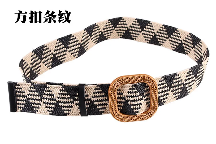 stripe square buckle Yuqung платье с круглой пряжкой, ремень для женщин, повседневный женский Плетеный широкий ремень, Женский дизайнерский тканый пояс для девочек, эластичные полипропиленовые соломенные ремни - Цвет: stripe square buckle
