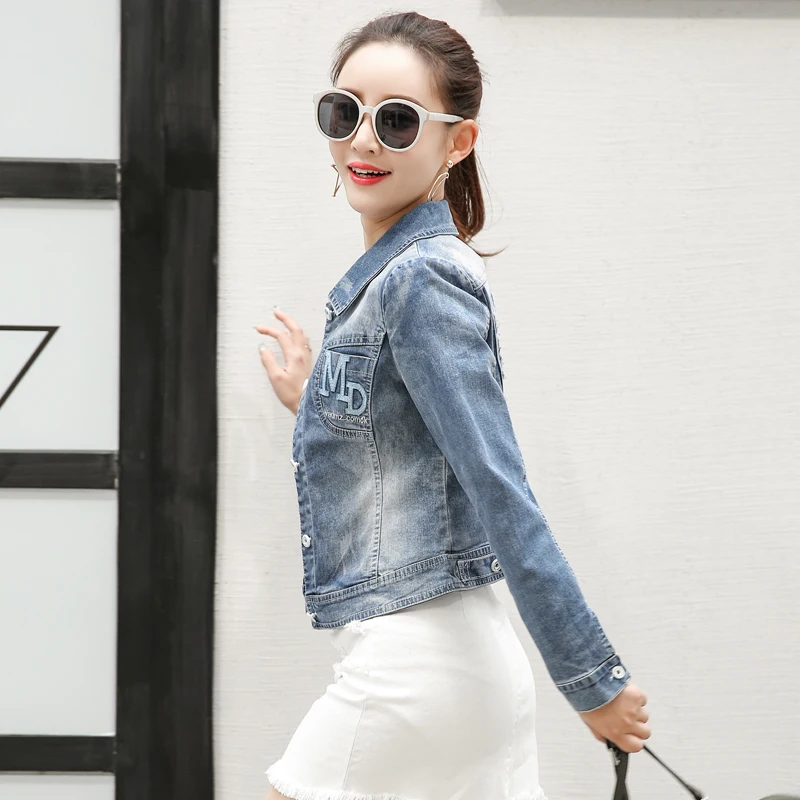 Осень 2017 г. Вышивка джинсовая куртка для Для женщин с длинным рукавом синий