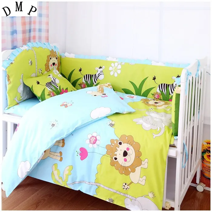 Promotion! 7pcs Lion Bedclothes For Baby Cribs And Cots Baby Boy Bedding Set  On Sale(4bumper+duvet+matress+pillow)