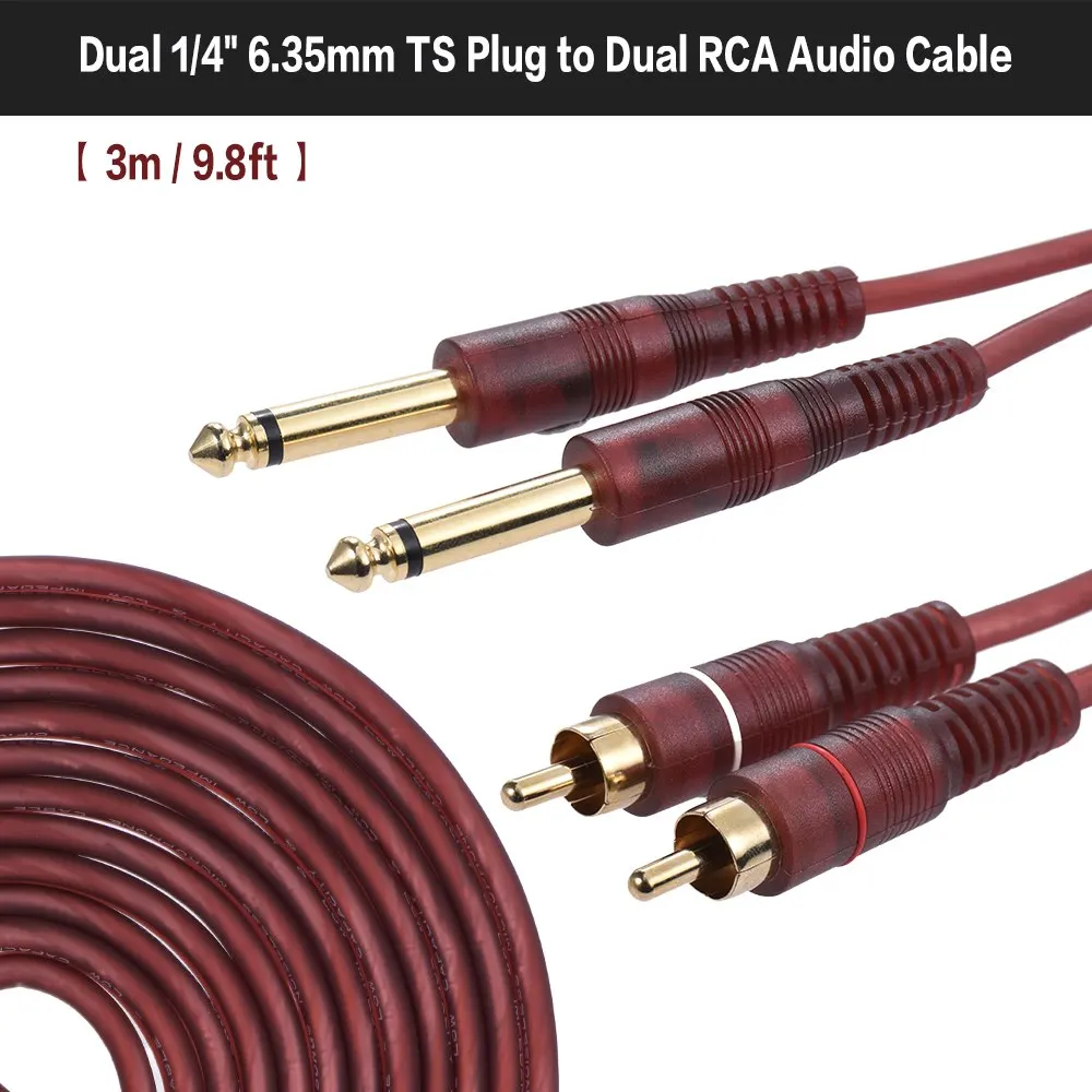 Двойной разъем TS 1/4 &quot6 35 мм на двойной RCA аудио кабель проводной шнур (3 м/9 8 фута)