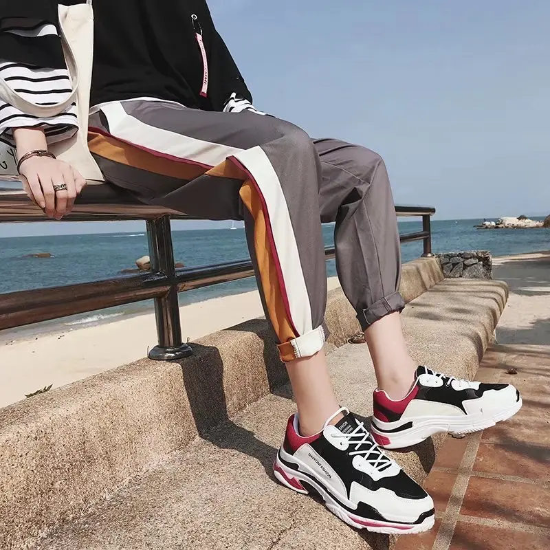 2018 Spring New Arrivals Men Fashion Loose Hit Color Black/khaki Casual Pants Elastic Waist Bound Feet Side Stripe Trousers Tide | Мужская