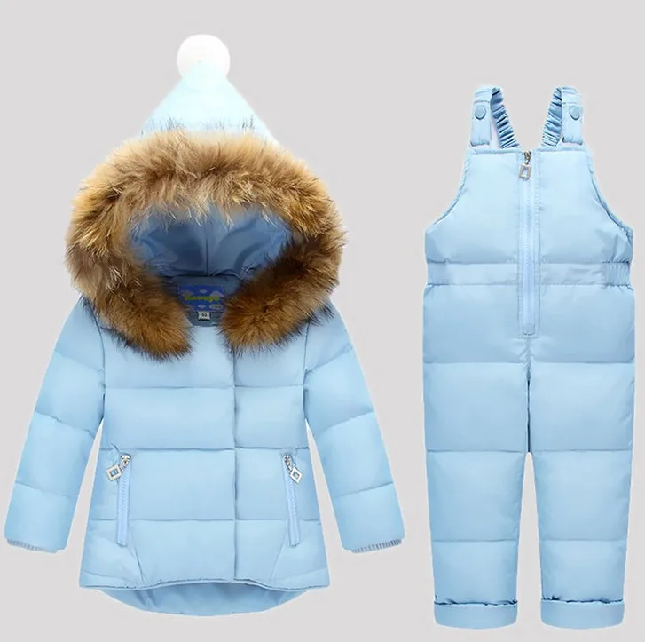 light blue Комплекты детской одежды для русской зимы комбинезон, зимняя куртка+ комбинезон, комплект из 2 предметов, пуховое пальто для маленьких мальчиков и девочек, куртка с меховым капюшоном - Цвет: light blue